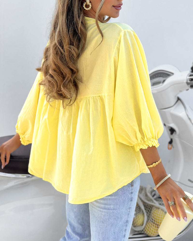 V Neck Long Sleeve Button Ruched Blouse
