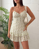 Ditsy Floral V Neck Sleeveless Tied Detail Mini Dress Multi layered Ruffles Sweet Dress