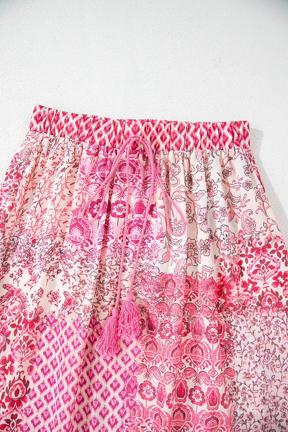 Red Boho Pattern Print Tassel Drawstring High Waist Maxi Dress