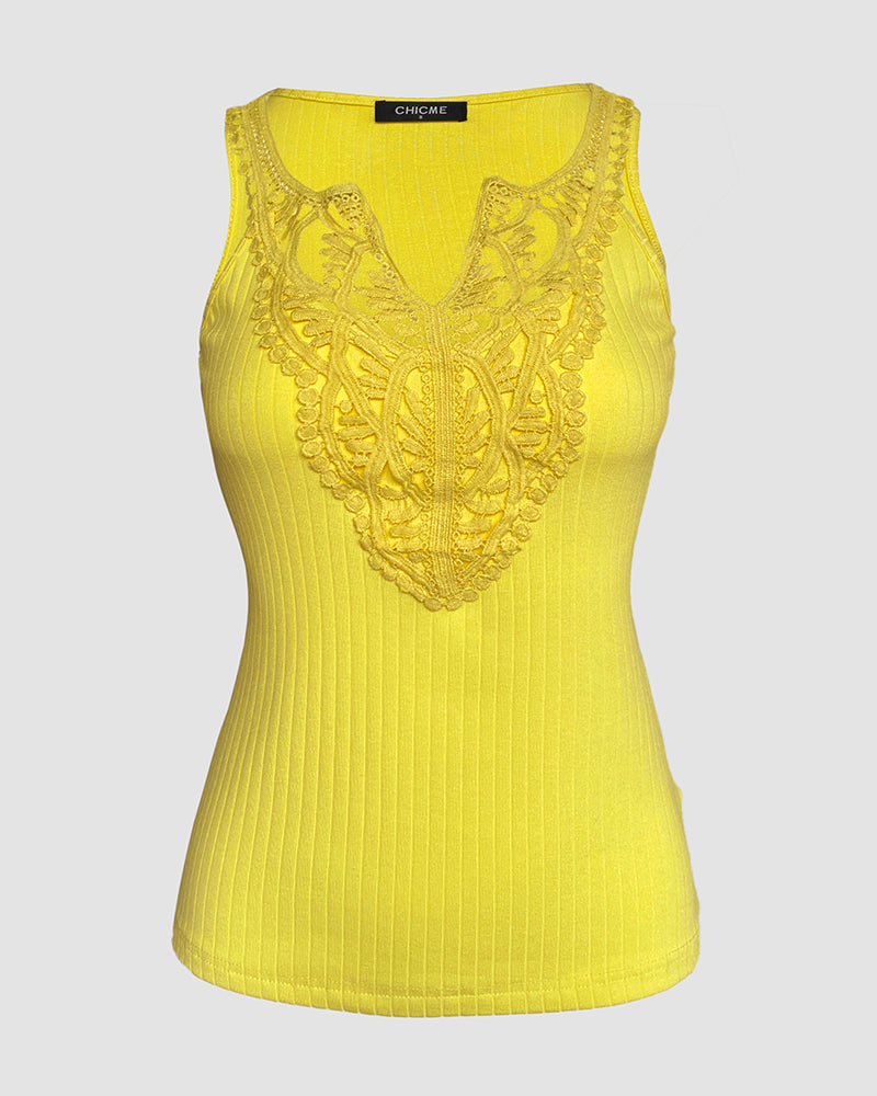 Contrast Lace V Neck Sleeveless Knit Top Casual Slim Fit Tank