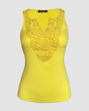 Contrast Lace V Neck Sleeveless Knit Top Casual Slim Fit Tank