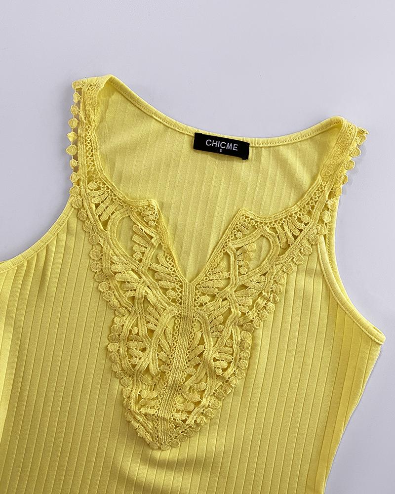 Contrast Lace V Neck Sleeveless Knit Top Casual Slim Fit Tank