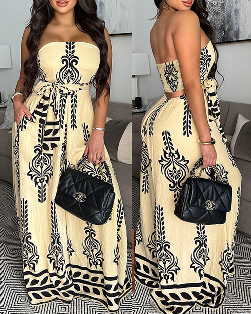 Tribal Print Bandeau Backless Tied Detail Wide Leg Jumpsuit Vacation Overall with Pocket