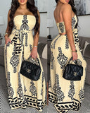 Tribal Print Bandeau Backless Tied Detail Wide Leg Jumpsuit Vacation Overall with Pocket