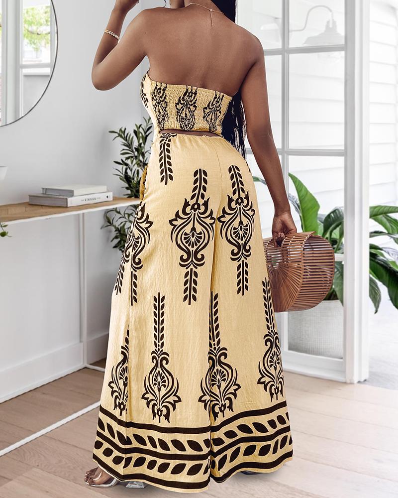 Tribal Print Bandeau Backless Tied Detail Wide Leg Jumpsuit Vacation Overall with Pocket