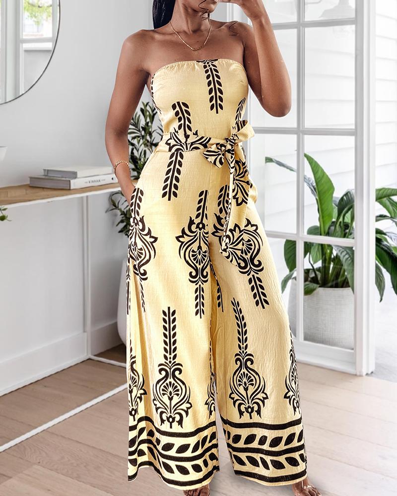Tribal Print Bandeau Backless Tied Detail Wide Leg Jumpsuit Vacation Overall with Pocket