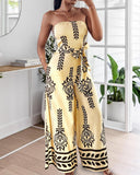 Tribal Print Bandeau Backless Tied Detail Wide Leg Jumpsuit Vacation Overall with Pocket