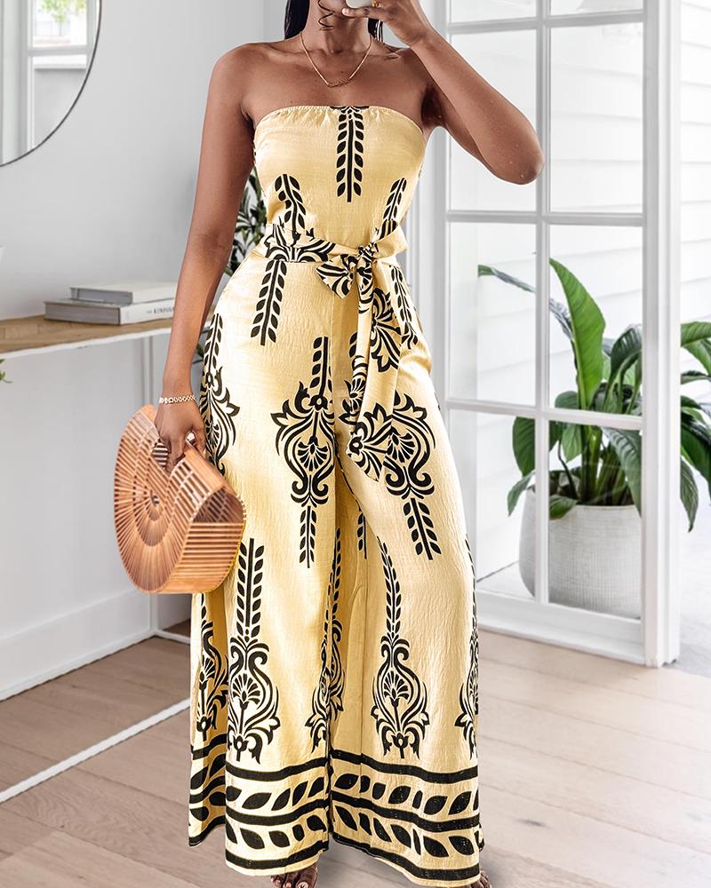 Tribal Print Bandeau Backless Tied Detail Wide Leg Jumpsuit Vacation Overall with Pocket