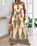 Tribal Print Bandeau Backless Tied Detail Wide Leg Jumpsuit Vacation Overall with Pocket