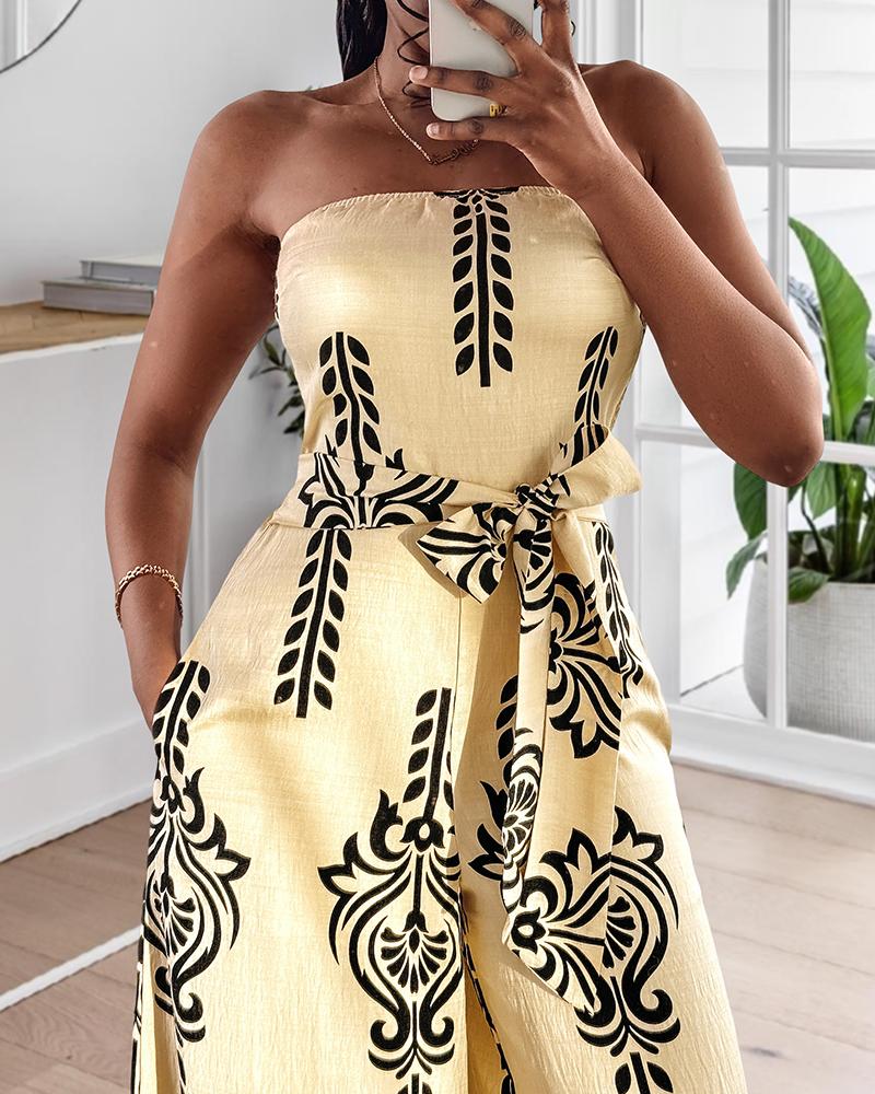 Tribal Print Bandeau Backless Tied Detail Wide Leg Jumpsuit Vacation Overall with Pocket