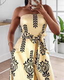 Tribal Print Bandeau Backless Tied Detail Wide Leg Jumpsuit Vacation Overall with Pocket