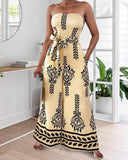 Tribal Print Bandeau Backless Tied Detail Wide Leg Jumpsuit Vacation Overall with Pocket