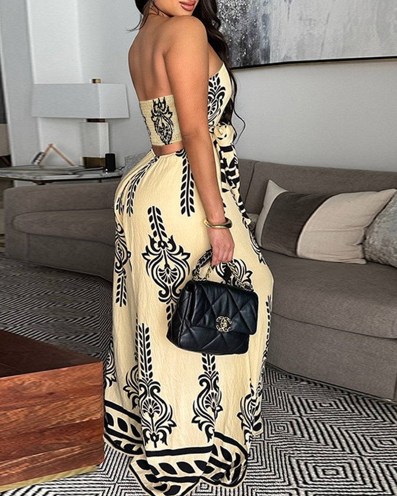 Tribal Print Bandeau Backless Tied Detail Wide Leg Jumpsuit Vacation Overall with Pocket