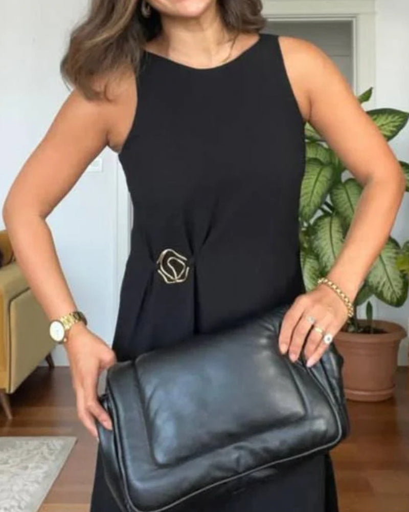 Round Neck Sleeveless Mental Buckle Casual Slit Slim Fit Maxi Dress