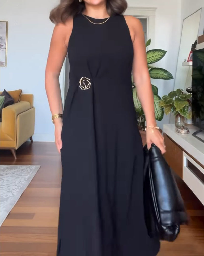 Round Neck Sleeveless Mental Buckle Casual Slit Slim Fit Maxi Dress
