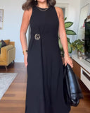 Round Neck Sleeveless Mental Buckle Casual Slit Slim Fit Maxi Dress