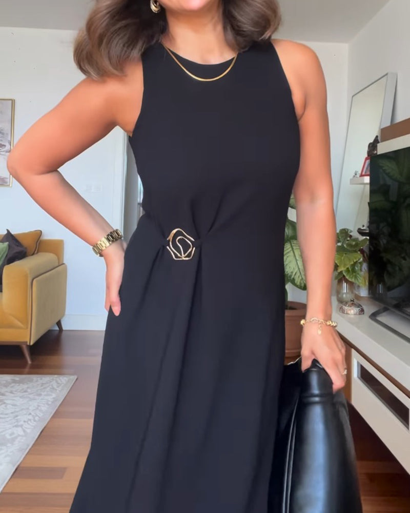 Round Neck Sleeveless Mental Buckle Casual Slit Slim Fit Maxi Dress