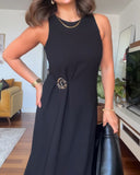 Round Neck Sleeveless Mental Buckle Casual Slit Slim Fit Maxi Dress