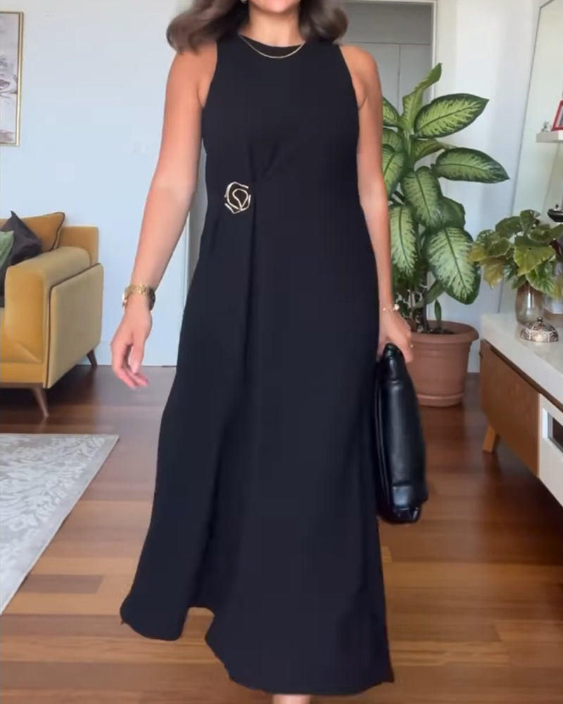 Round Neck Sleeveless Mental Buckle Casual Slit Slim Fit Maxi Dress