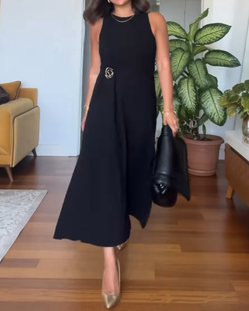 Round Neck Sleeveless Mental Buckle Casual Slit Slim Fit Maxi Dress