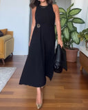 Round Neck Sleeveless Mental Buckle Casual Slit Slim Fit Maxi Dress
