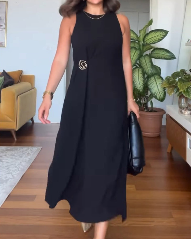 Round Neck Sleeveless Mental Buckle Casual Slit Slim Fit Maxi Dress
