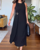 Round Neck Sleeveless Mental Buckle Casual Slit Slim Fit Maxi Dress