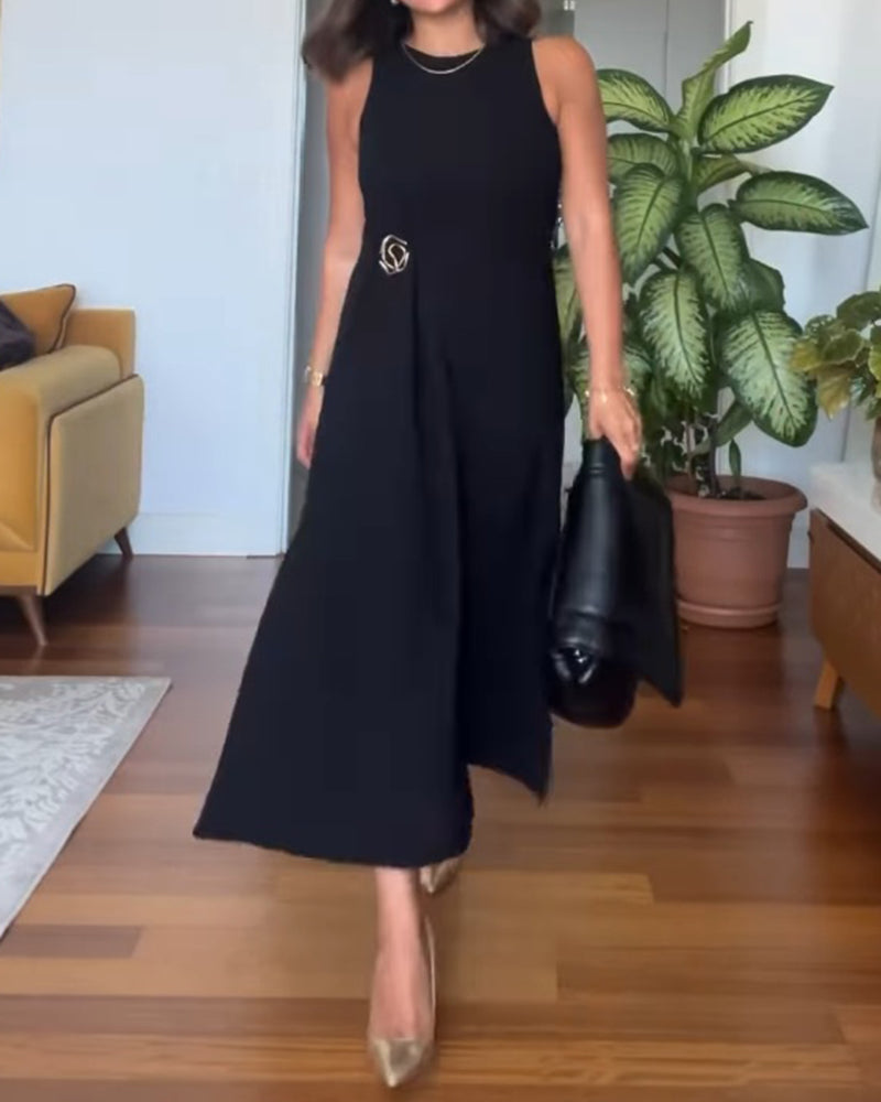 Round Neck Sleeveless Mental Buckle Casual Slit Slim Fit Maxi Dress