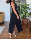 Round Neck Sleeveless Mental Buckle Casual Slit Slim Fit Maxi Dress