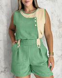 2 Pieces Outfit Round Neck Sleeveless Button Decor Colorblock Top and Casual Pleated Elastic Waist Shorts Set