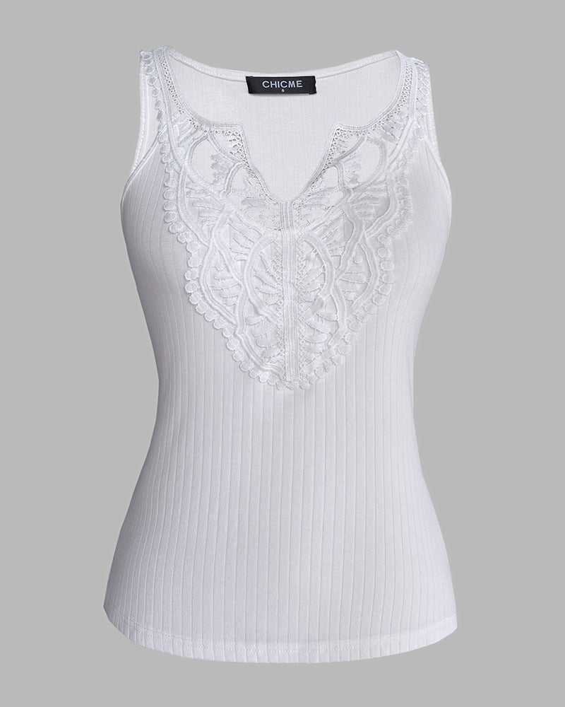 Contrast Lace V Neck Sleeveless Knit Top Casual Slim Fit Tank
