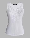 Contrast Lace V Neck Sleeveless Knit Top Casual Slim Fit Tank