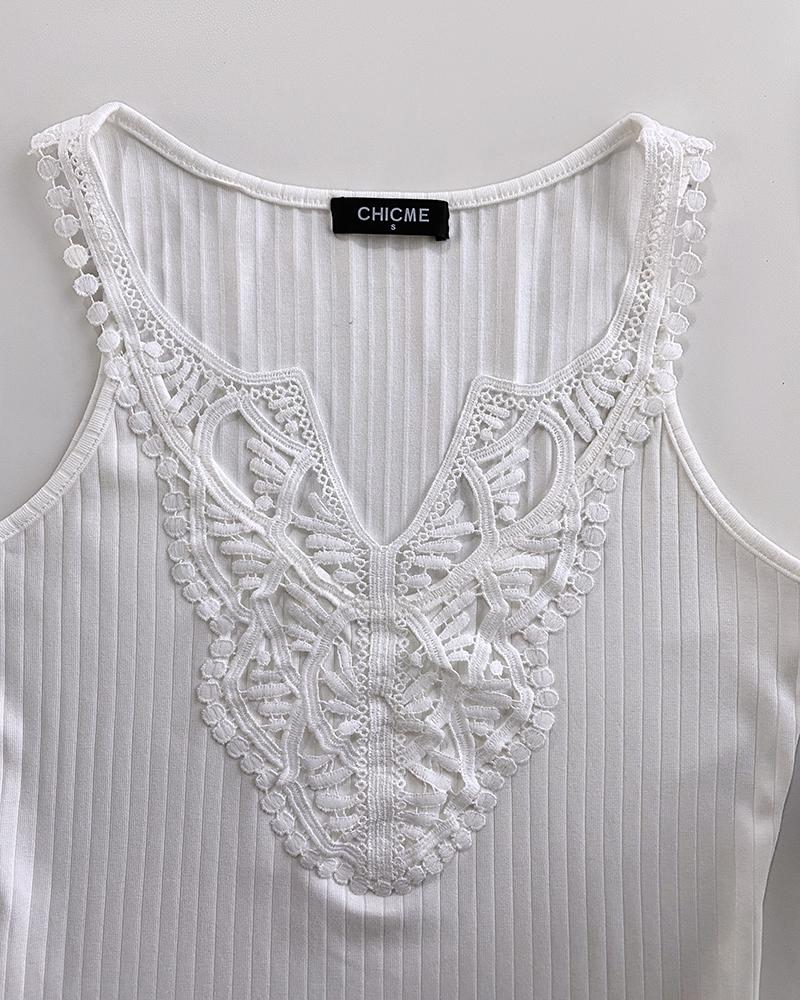 Contrast Lace V Neck Sleeveless Knit Top Casual Slim Fit Tank