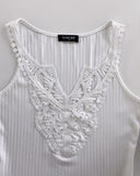Contrast Lace V Neck Sleeveless Knit Top Casual Slim Fit Tank