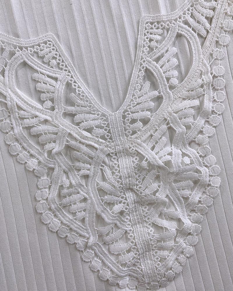 Contrast Lace V Neck Sleeveless Knit Top Casual Slim Fit Tank