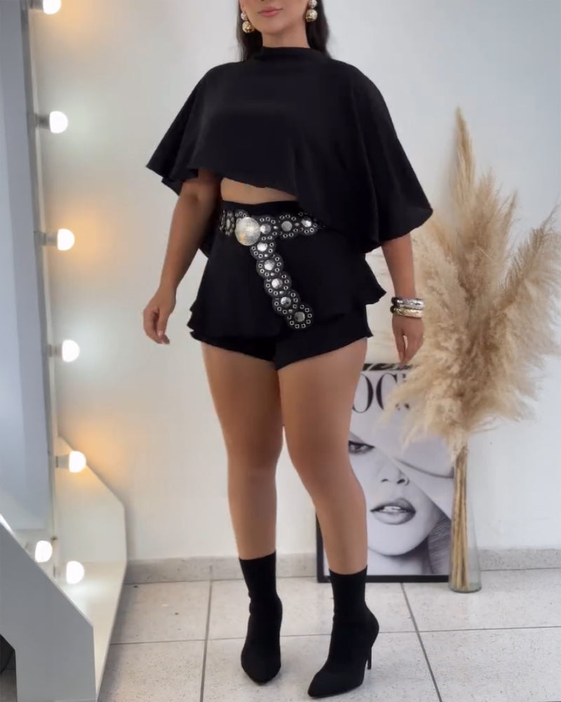 2 Pieces Outfit High Low Split Back Hollow out Cape Top With Skirt Shorts(Without Belt)