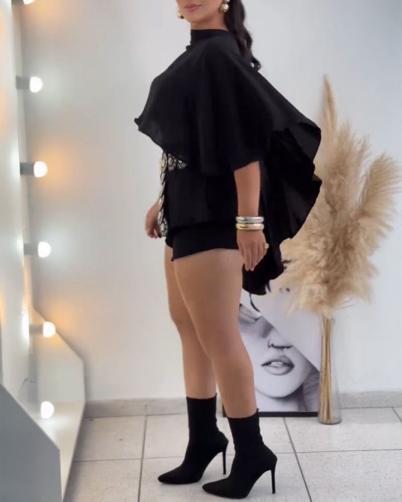 2 Pieces Outfit High Low Split Back Hollow out Cape Top With Skirt Shorts(Without Belt)