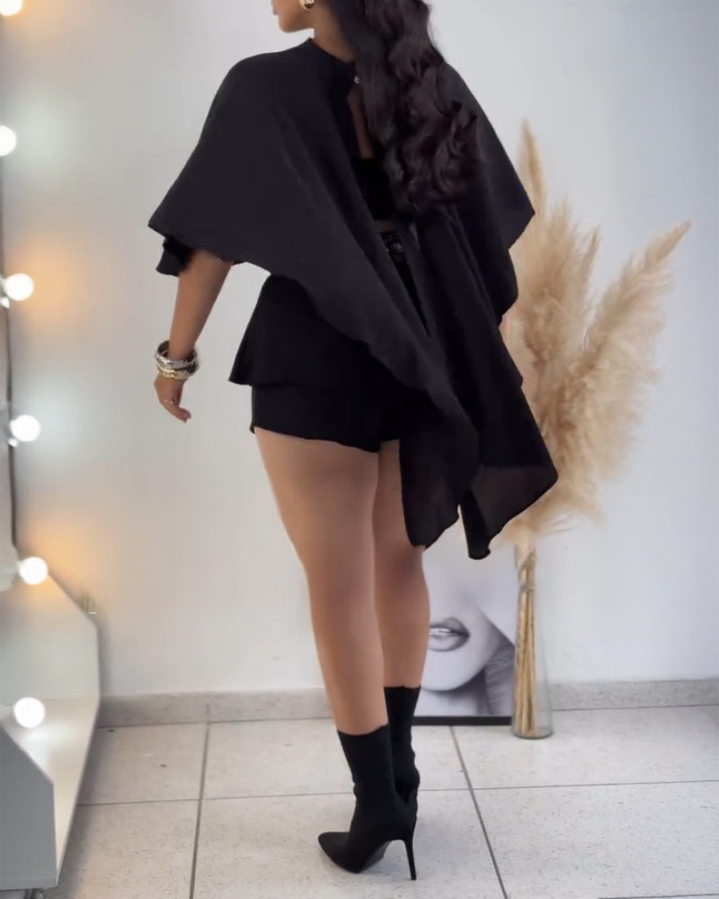 2 Pieces Outfit High Low Split Back Hollow out Cape Top With Skirt Shorts(Without Belt)