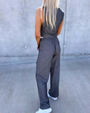 2 Piece Striped V Neck Sleeveless Thick Strap Tank Tied Detail Straight Pants Work Pants Set