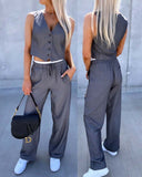 2 Piece Striped V Neck Sleeveless Thick Strap Tank Tied Detail Straight Pants Work Pants Set