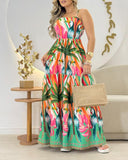 Animal & Plants Print Spaghetti Strap Shirred Maxi Dress Casual A Line Waist Flared Dress