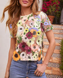 3D Flower Embroidery Sheer Mesh Short Sleeve T Shirt Casual Sim Fit Top