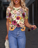 3D Flower Embroidery Sheer Mesh Short Sleeve T Shirt Casual Sim Fit Top