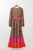 Brown Leopard Color Block V Neck Loose Fit Maxi Dress