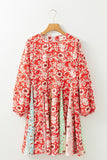 Red Colorful Floral Patchwork Long Sleeve Pleated Mini Dress