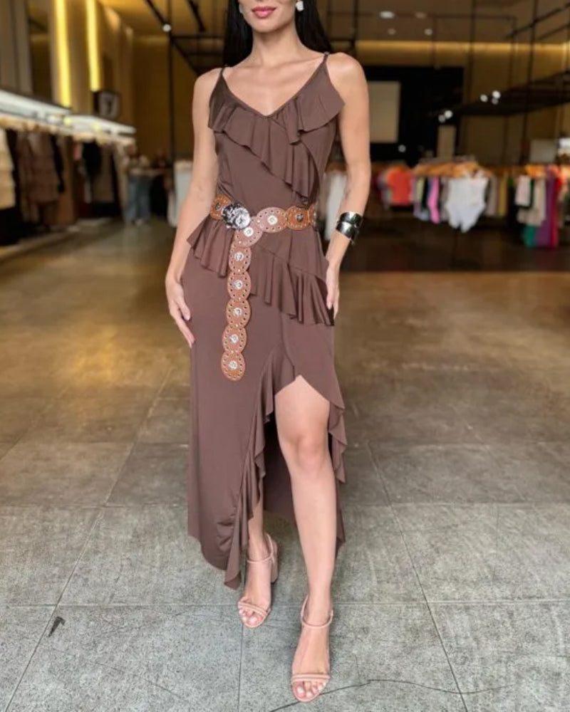 V Neck Adjustable Spaghetti Strap Multi layer Ruffles Slit Maxi Dress(Without Belt)