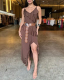 V Neck Adjustable Spaghetti Strap Multi layer Ruffles Slit Maxi Dress(Without Belt)