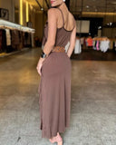 V Neck Adjustable Spaghetti Strap Multi layer Ruffles Slit Maxi Dress(Without Belt)