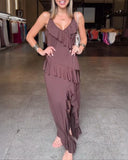 V Neck Adjustable Spaghetti Strap Multi layer Ruffles Slit Maxi Dress(Without Belt)