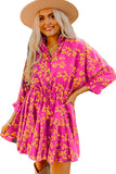 Pink Floral Print Drawstring Tunic Flowy Short Dress